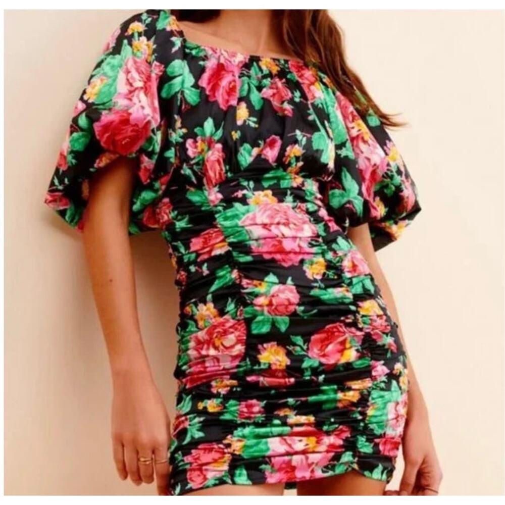 For Love and Lemons Jolie Floral Satin Puff Sleeve Ruched Mini Dress size S